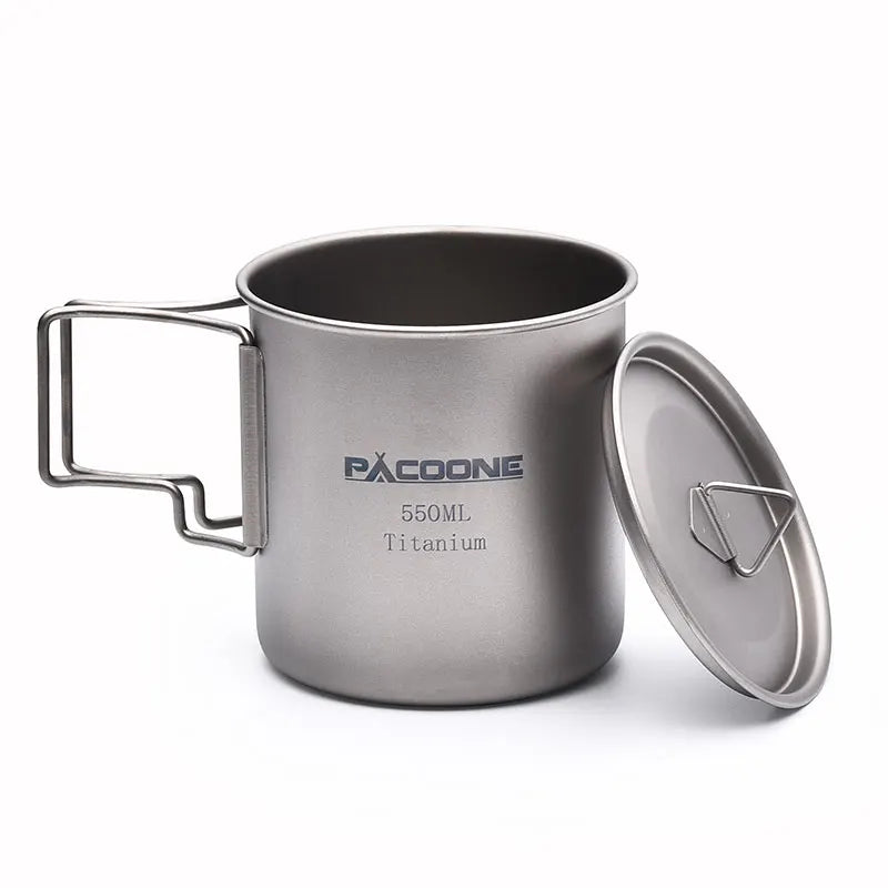 Titanium mug with handle and lid on a white background, featuring the Pacoone brand.