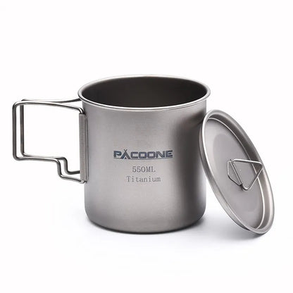 Titanium mug with handle and lid on a white background, featuring the Pacoone brand.