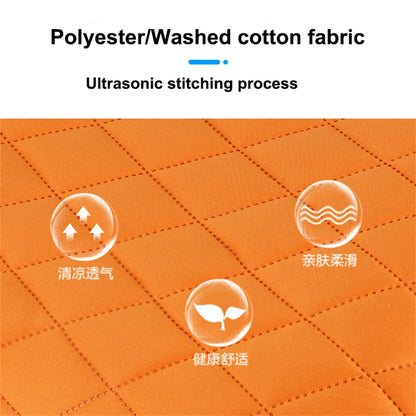 Orange quilted fabric with ultrasonic stitching process text and icons on a white background