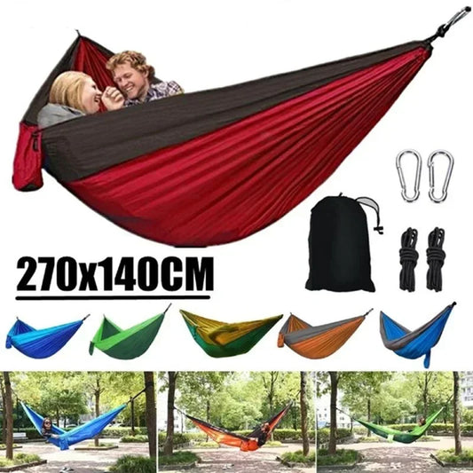 Red and black hammock with accessories on a white background, featuring size 270x140CM.