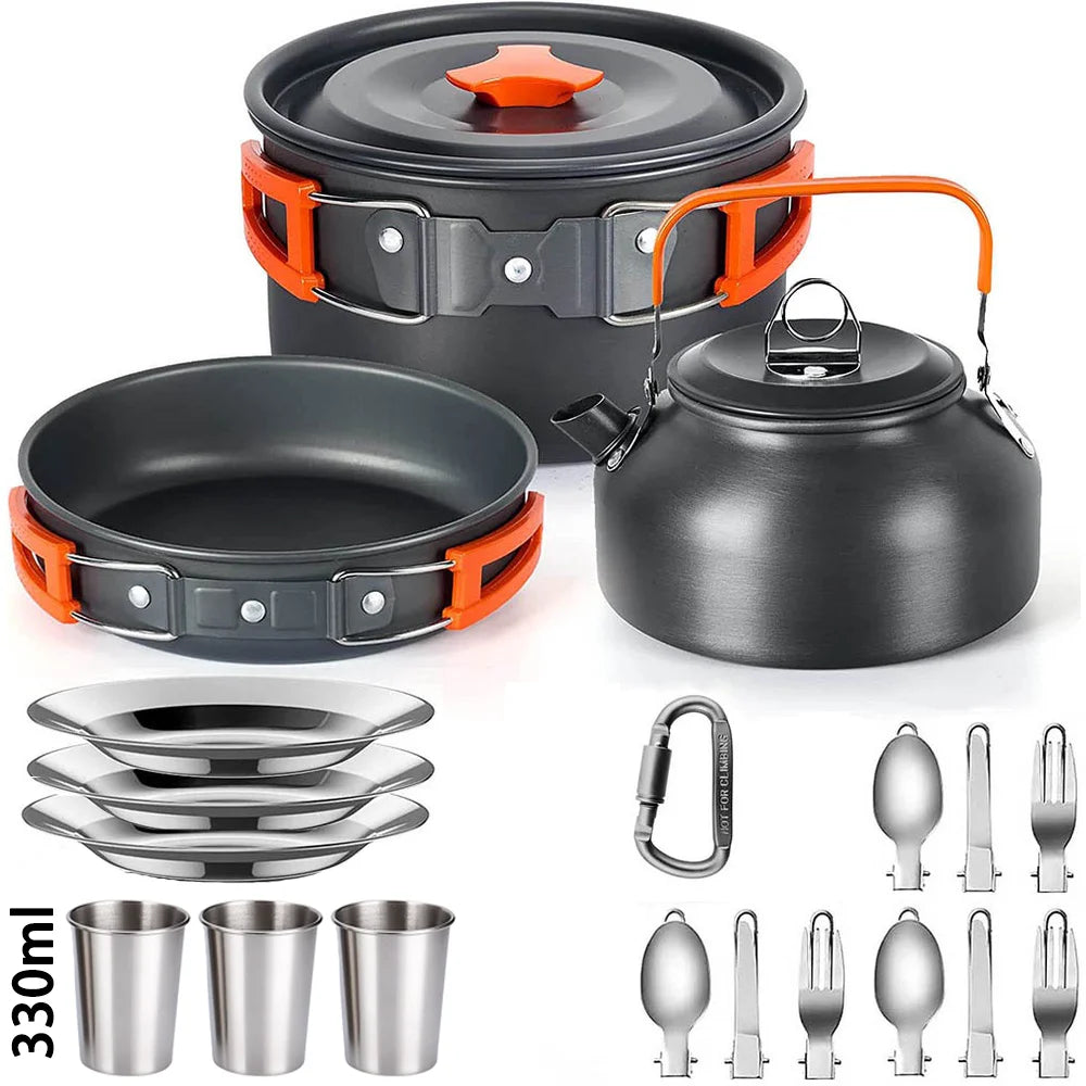 Set of camping cookware including pots, pans, kettle, plates, cups, and utensils on a white background.