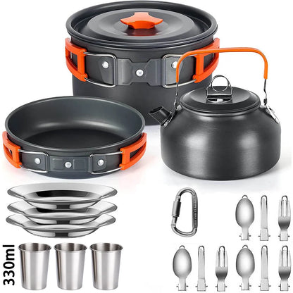 Set of camping cookware including pots, pans, kettle, plates, cups, and utensils on a white background.