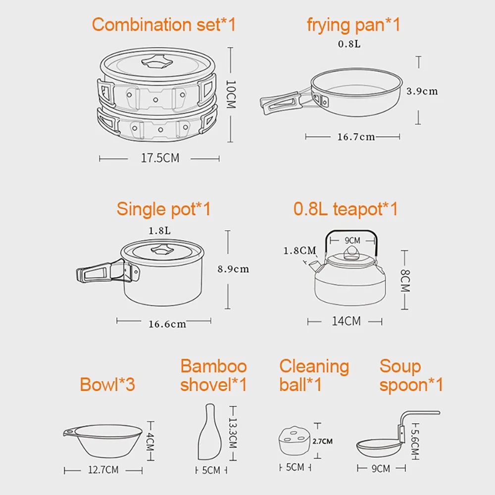 Measurement chart of a camping cookware set with various utensils and containers.