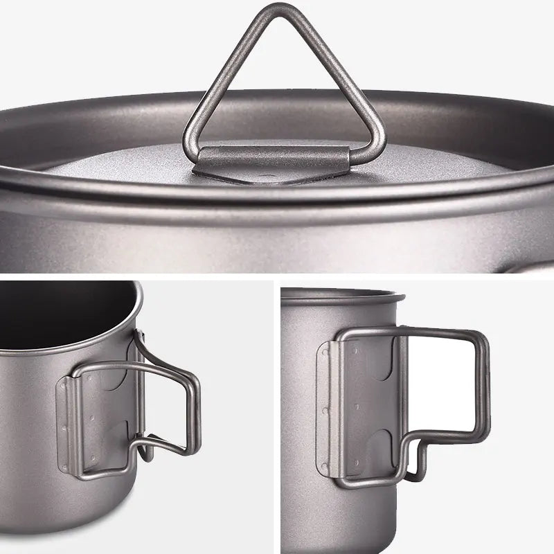 Collage of a metal pot with lid and two mugs featuring handles on a white background