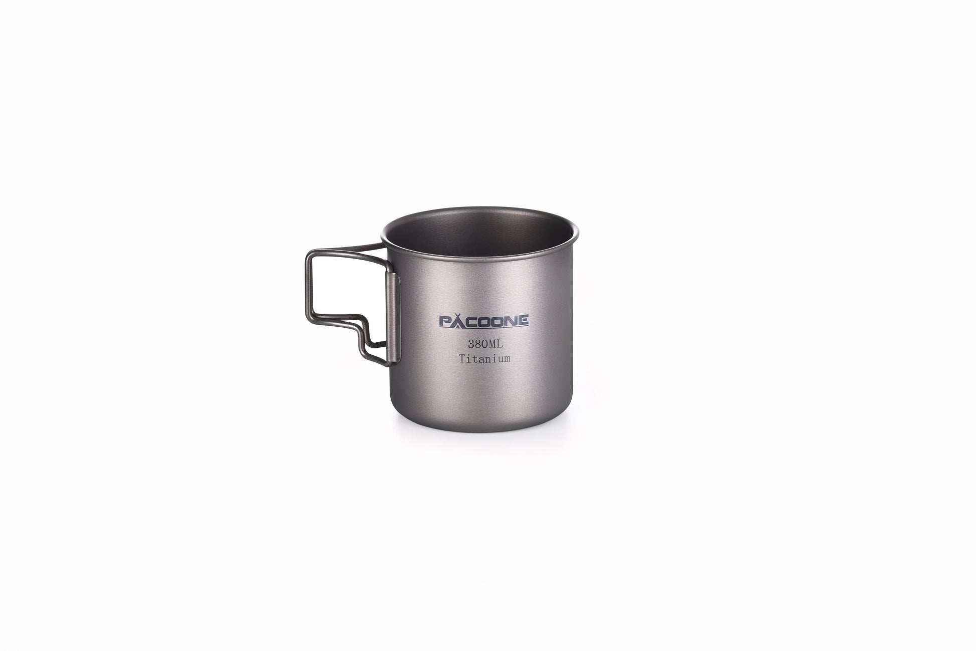 Silver camping mug with 'Pacsafe' branding on a white background