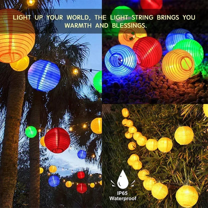 Colorful string lights in various settings with text about warmth and blessings.