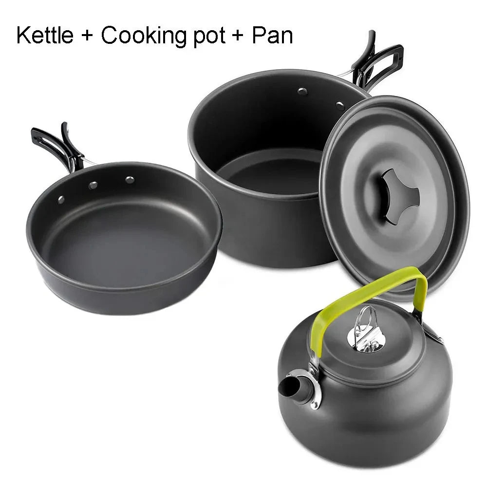 Set of camping cookware including a kettle, cooking pot, and pan on a white background.