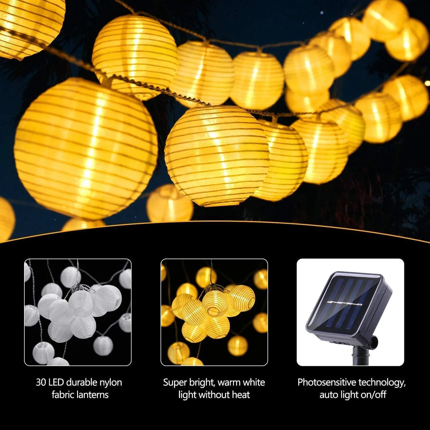 String of yellow paper lantern lights with solar panel and feature text on a dark background