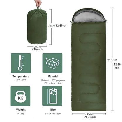 Green sleeping bag with dimensions, material, and features displayed on a white background
