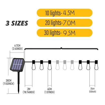 Diagram showing solar light system with measurements and size options on a white background