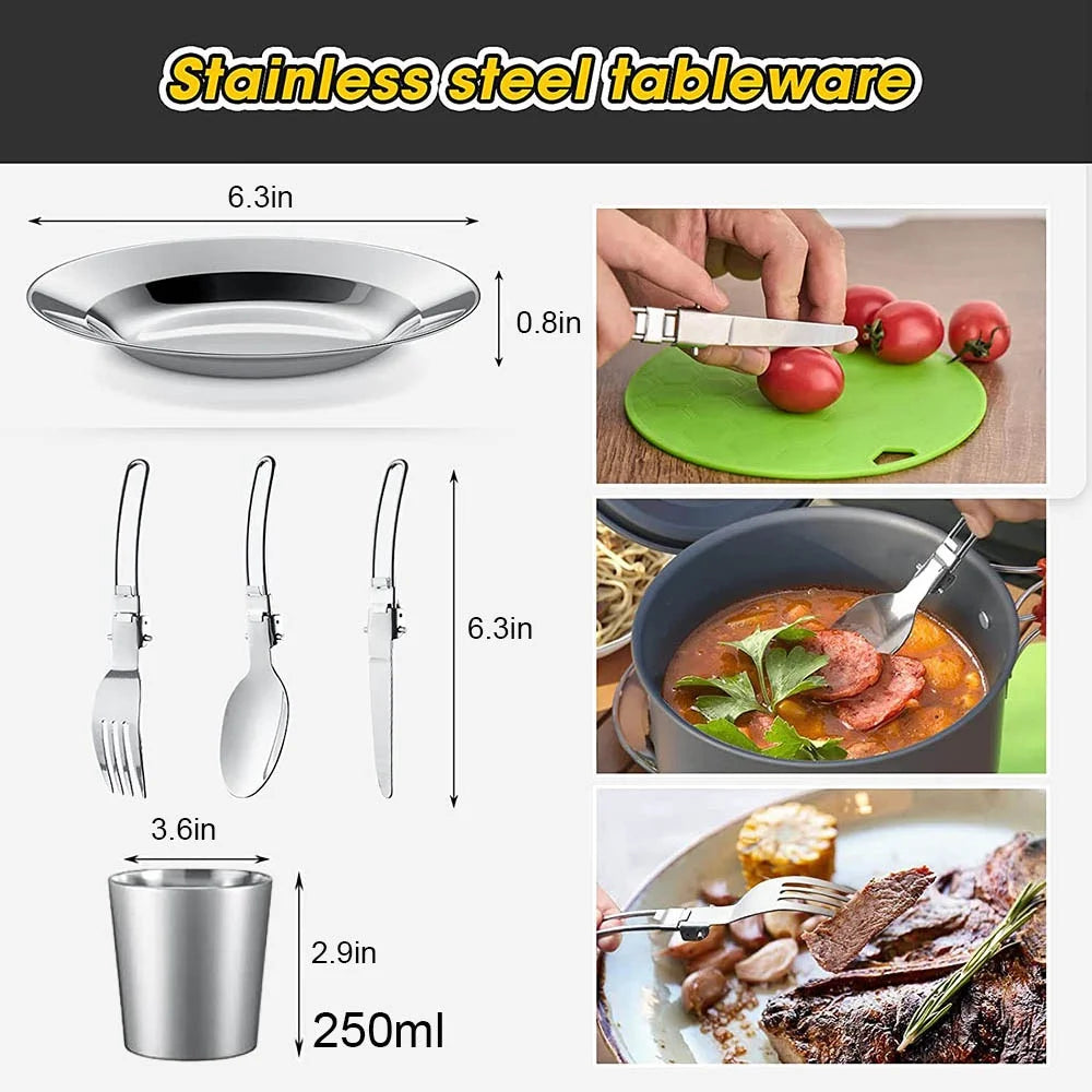 Stainless steel tableware set with measurements and usage examples on a white background.