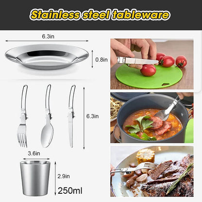 Stainless steel tableware set with measurements and usage examples on a white background.