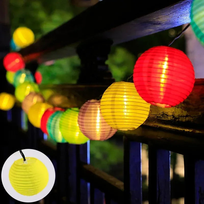 String of colorful paper lanterns on a wooden railing with a close-up inset of a yellow lantern.