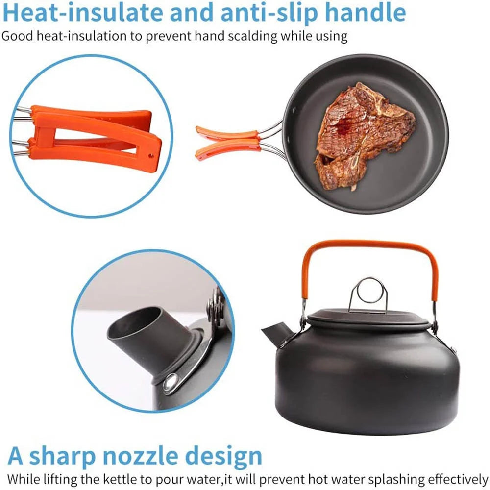 Cookware set with heat-insulated and anti-slip handles, including a frying pan, kettle, and close-up of handle design.