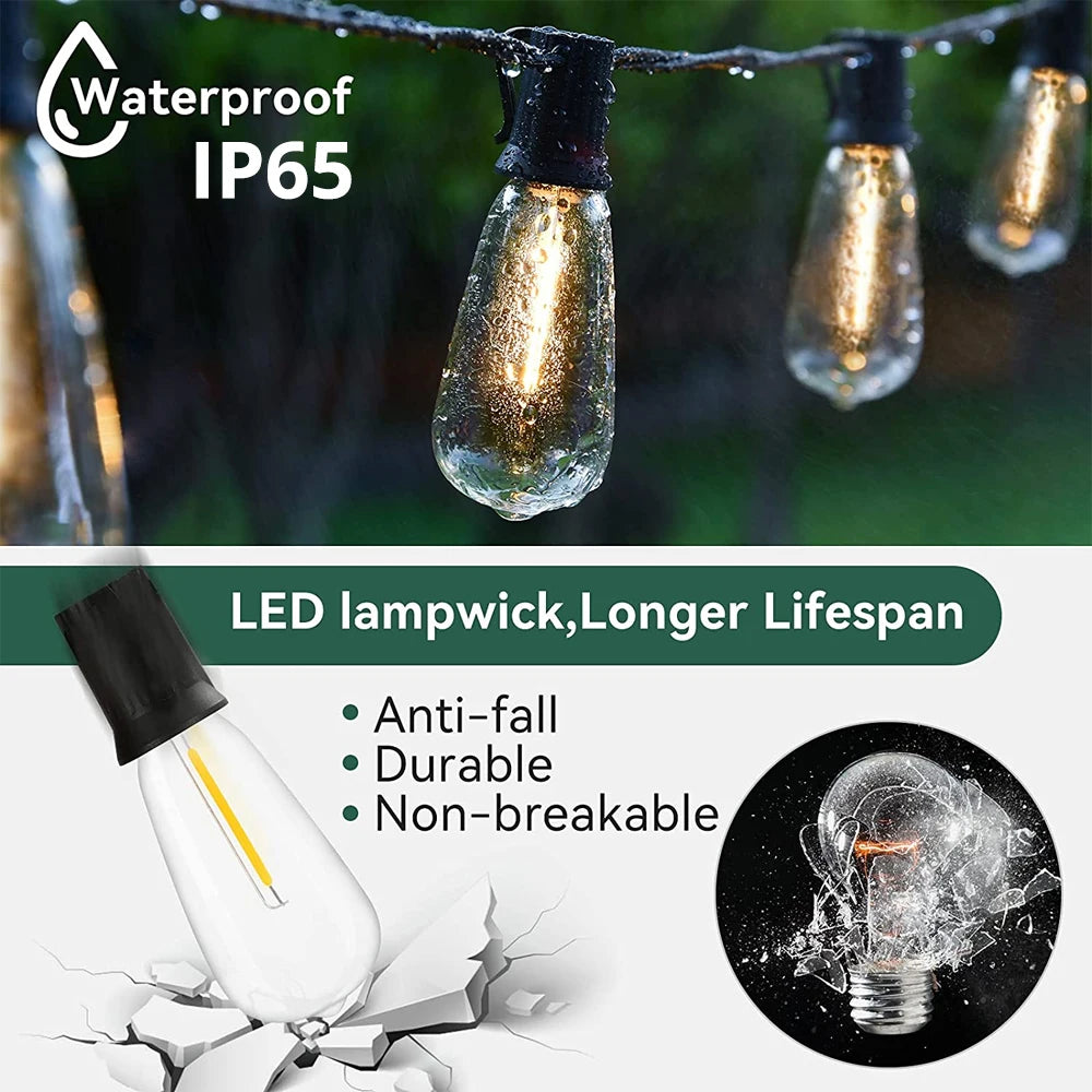 String lights with waterproof IP65 rating, LED lampwick, and durability features.