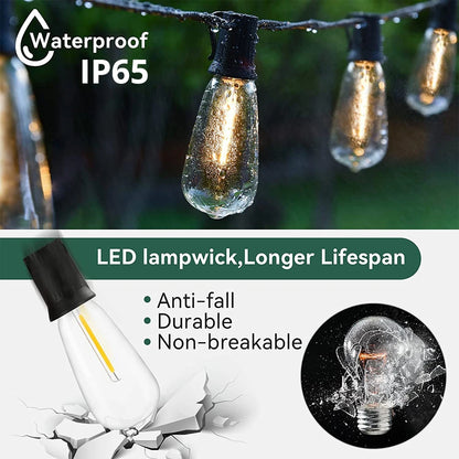 String lights with waterproof IP65 rating, LED lampwick, and durability features.
