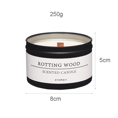Scented candle labeled 'Rotting Wood' with dimensions on a white background