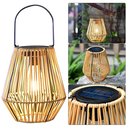 Woven bamboo lantern with solar panel, shown in various settings.