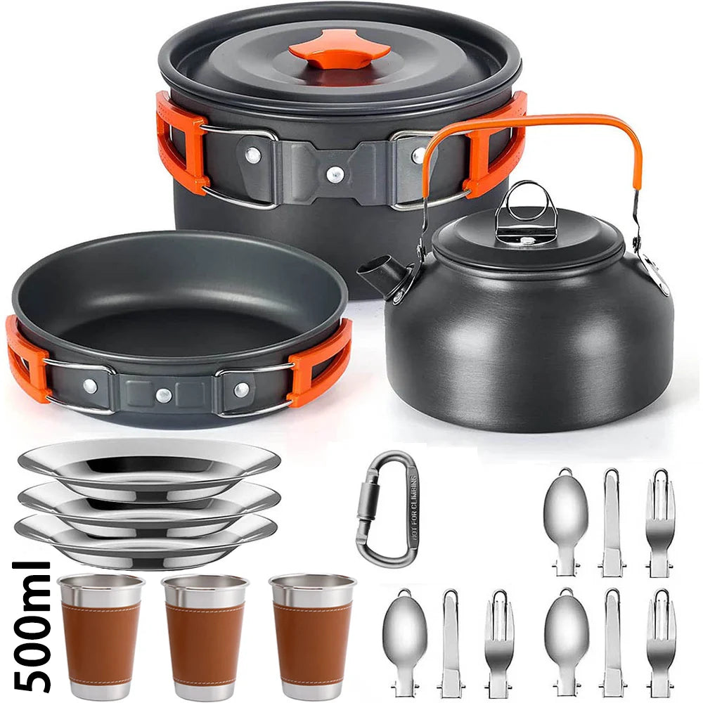 Set of camping cookware including pots, pans, kettle, cups, and utensils on a white background.