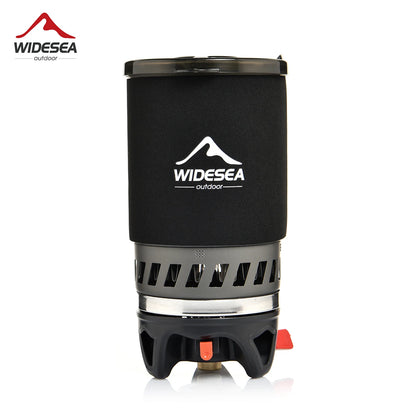 Black camping stove with Widesea logo on a white background