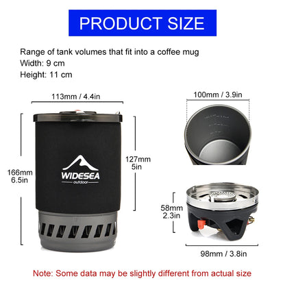 Measurement chart of a coffee mug with Widesea branding, showing dimensions and product size details.