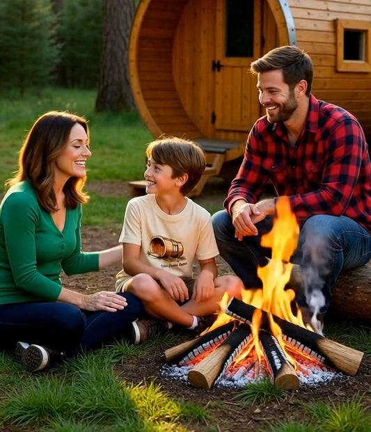 Happy family sitting around a glowing campfire at golden hour in front of a wooden barrel glamping pod. The young boy is wearing the "Home from home" organic t-shirt with the barrel pod illustration.