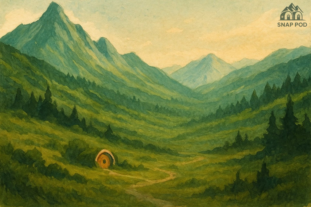 mountainous terrain with a camping glamping pod nestled within the landscape