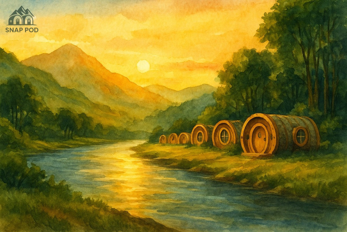 camping pod site setup next to a river surrounded by beautiful countryside