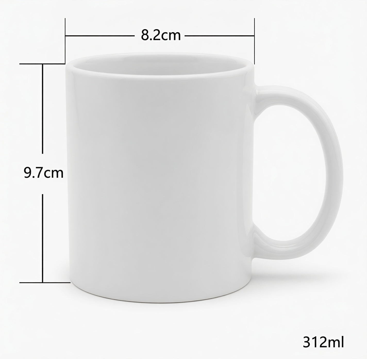 White mug with dimensions and capacity labeled on a white background