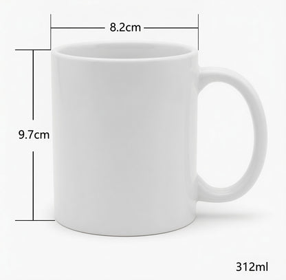 White mug with dimensions and capacity labeled on a white background