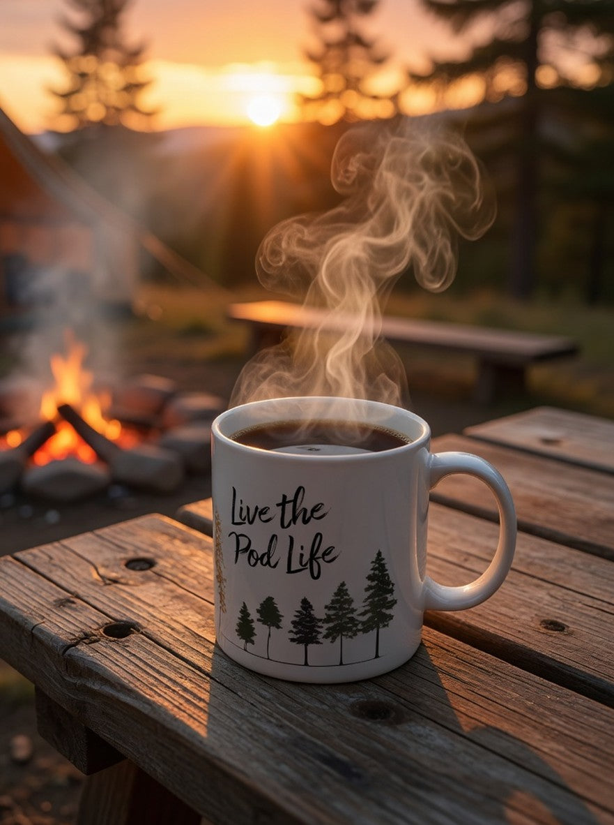 White ceramic mug with "Live the Pod Life" slogan and pine tree design on a wooden picnic table at golden hour, with a glowing campfire and glamping pod in the background.