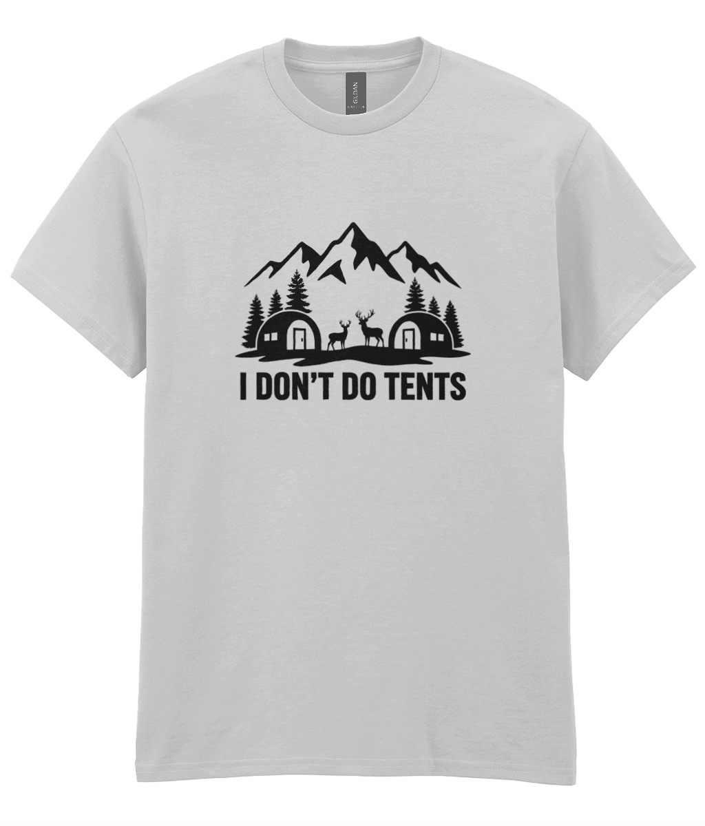 Gray t-shirt with black graphic and text 'I Don't Do Tents' on a white background