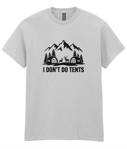 Gray t-shirt with black graphic and text 'I Don't Do Tents' on a white background