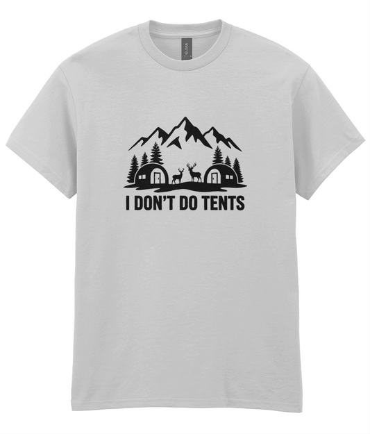 Gray t-shirt with black graphic and text 'I Don't Do Tents' on a white background
