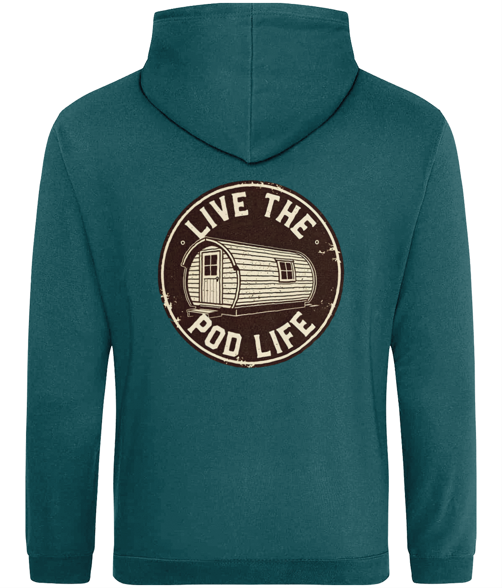 Teal hoodie with 'Live the Pod Life' graphic on the back against a white background