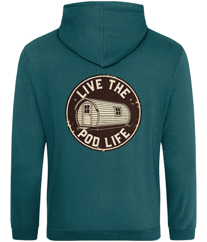 Teal hoodie with 'Live the Pod Life' graphic on the back against a white background