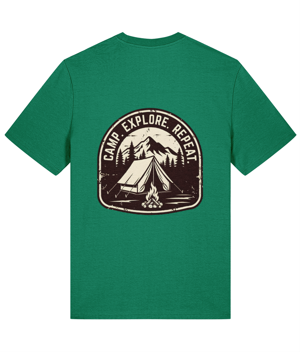 Green t-shirt with a black camping graphic and 'Camp Explore Repeat' text on a white background