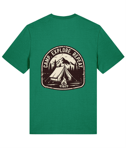 Green t-shirt with a black camping graphic and 'Camp Explore Repeat' text on a white background