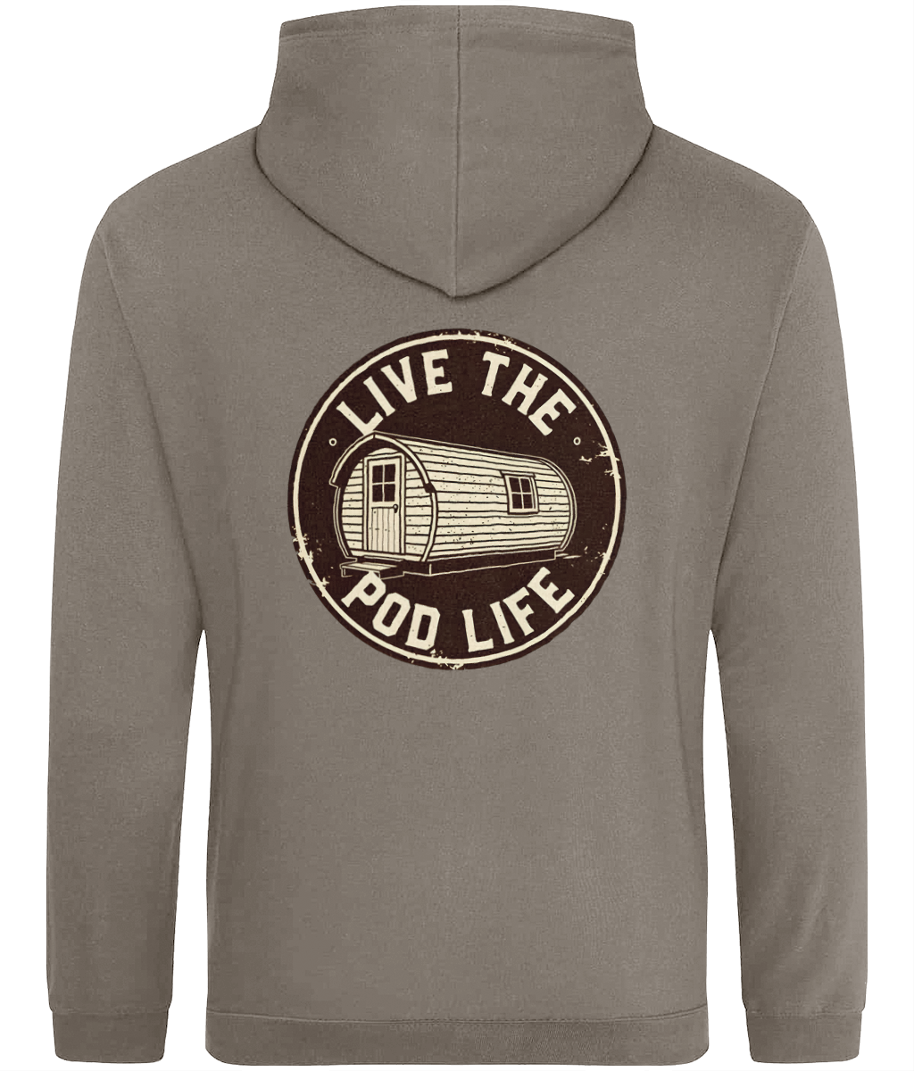 Gray hoodie with 'Live the Pod Life' graphic on the back