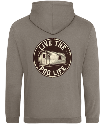 Gray hoodie with 'Live the Pod Life' graphic on the back
