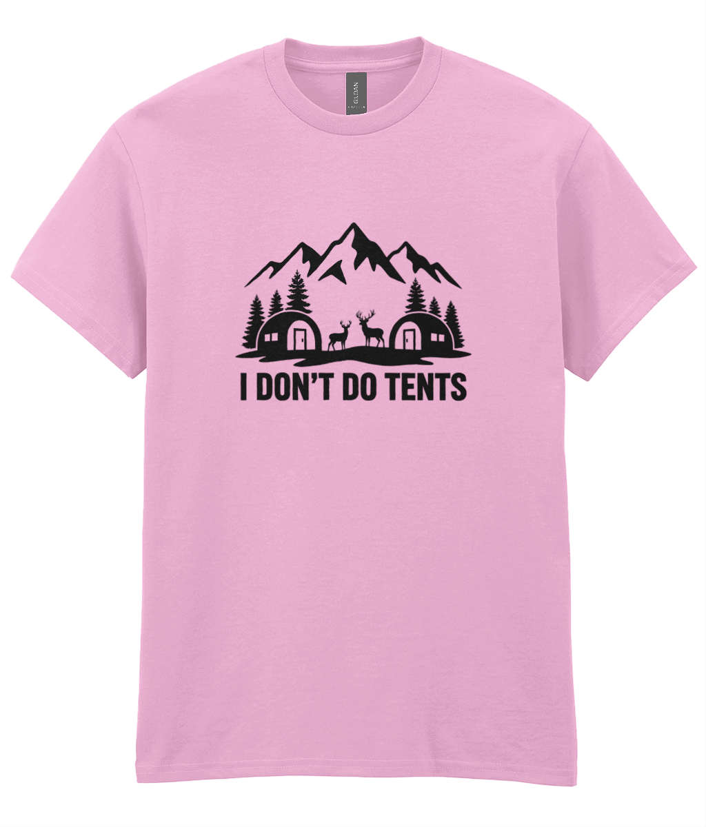 Pink t-shirt with black graphic and text 'I Don't Do Tents' on a white background