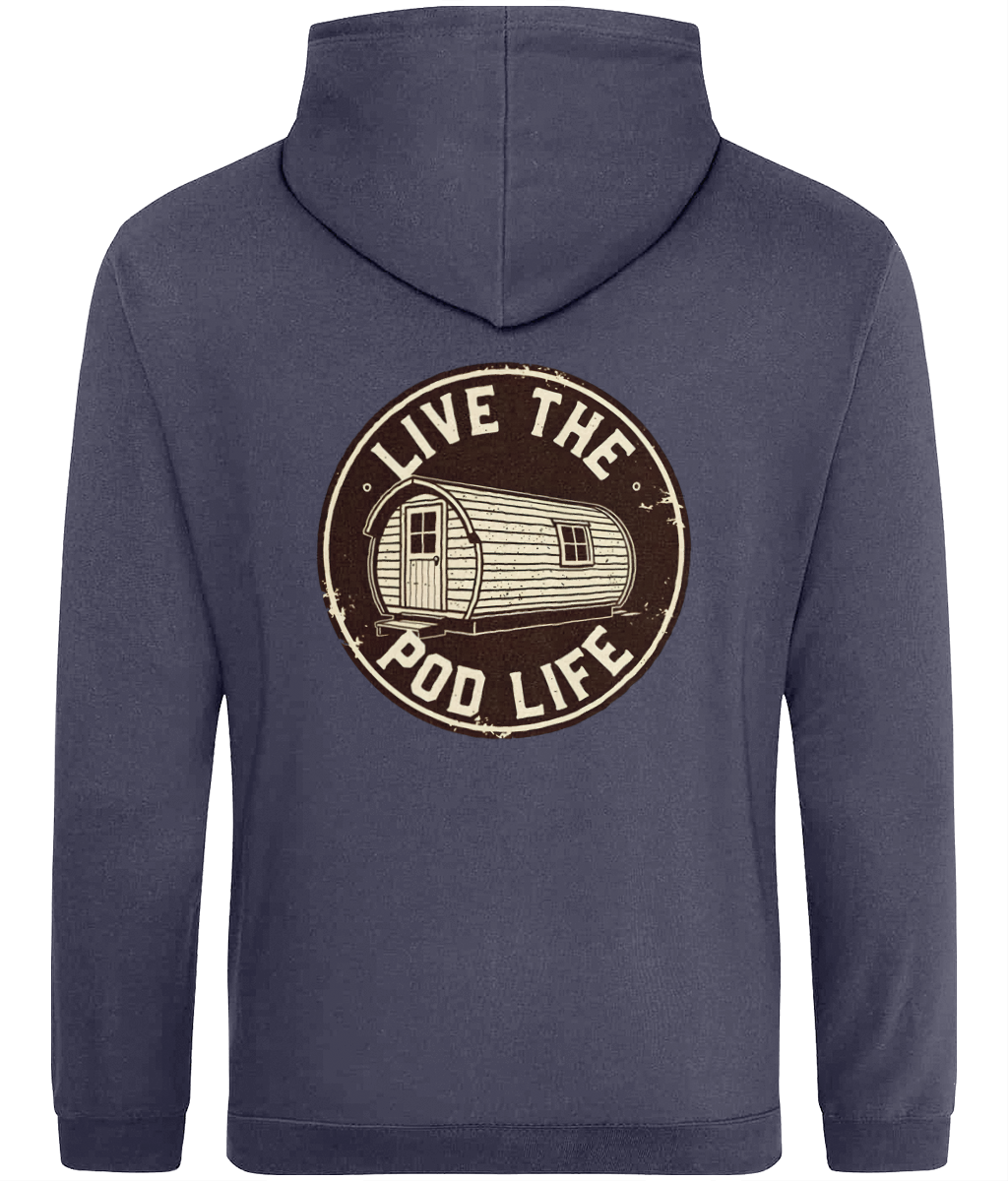 dark blue hoodie with 'Live the Pod Life' graphic on the back
