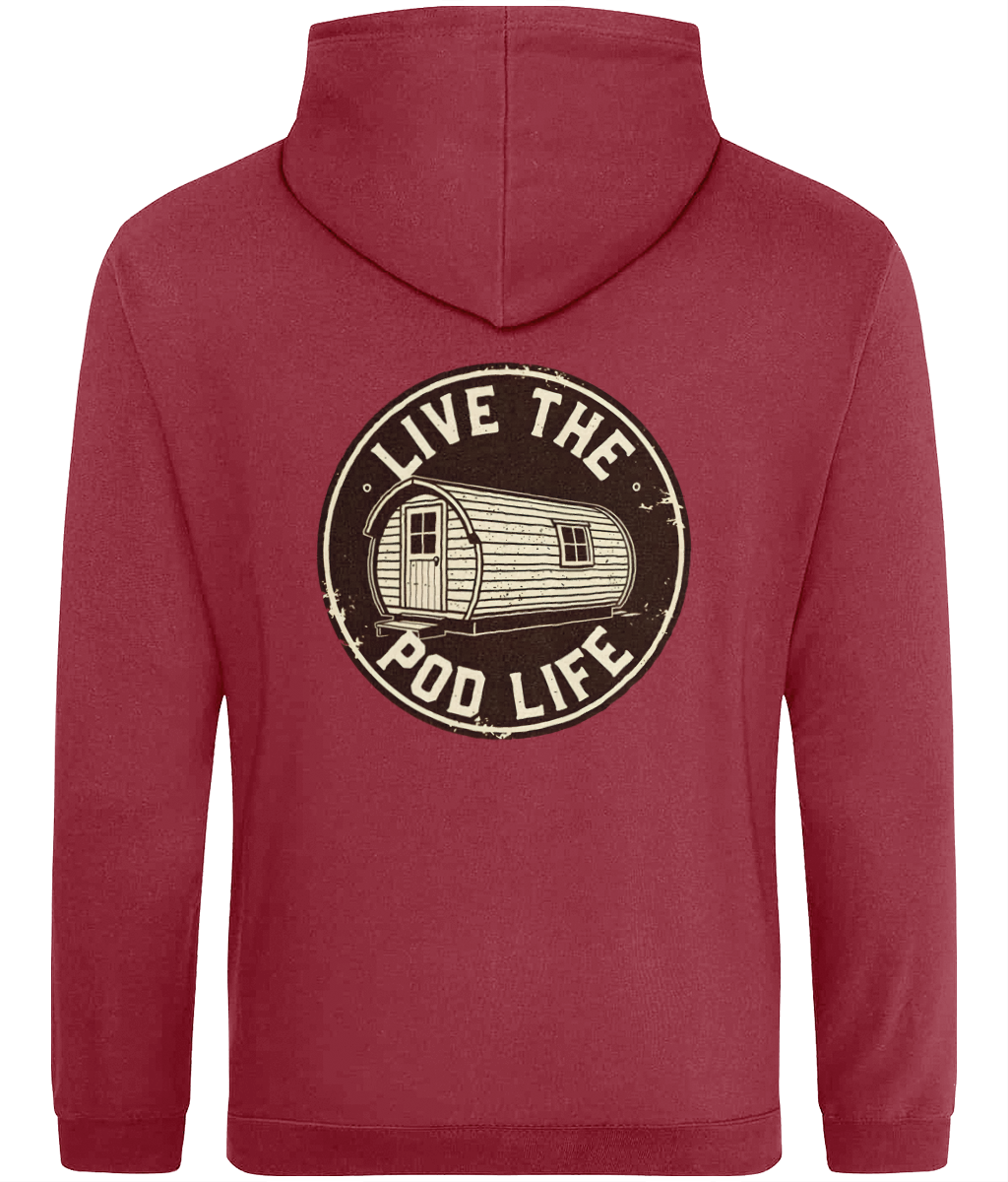 Red hoodie with 'Live the Pod Life' graphic on the back against a white background