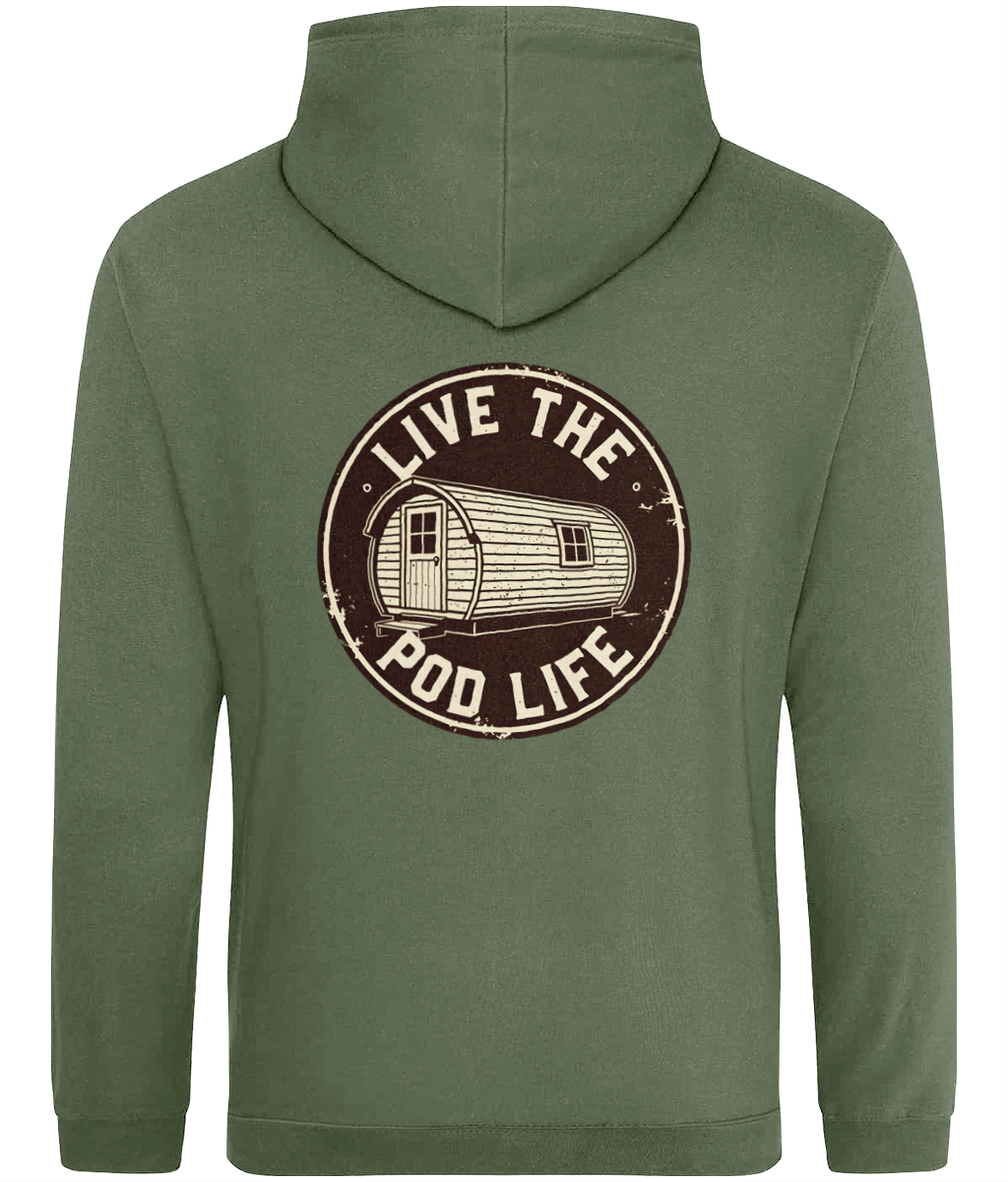 Green hoodie with 'Live the Pod Life' graphic on the back against a white background
