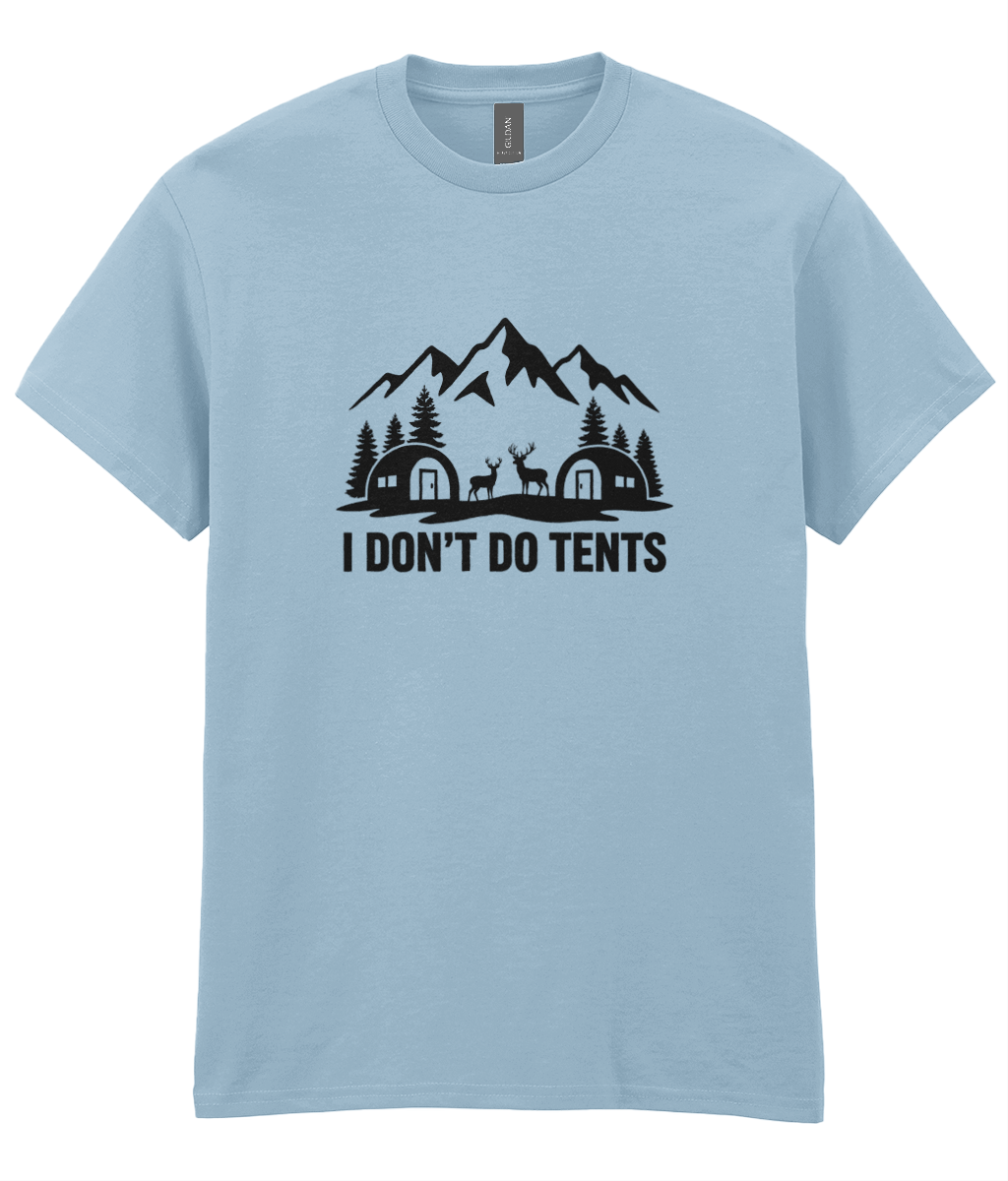 Light blue t-shirt with black graphic and text 'I Don't Do Tents' on a white background