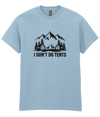 Light blue t-shirt with black graphic and text 'I Don't Do Tents' on a white background