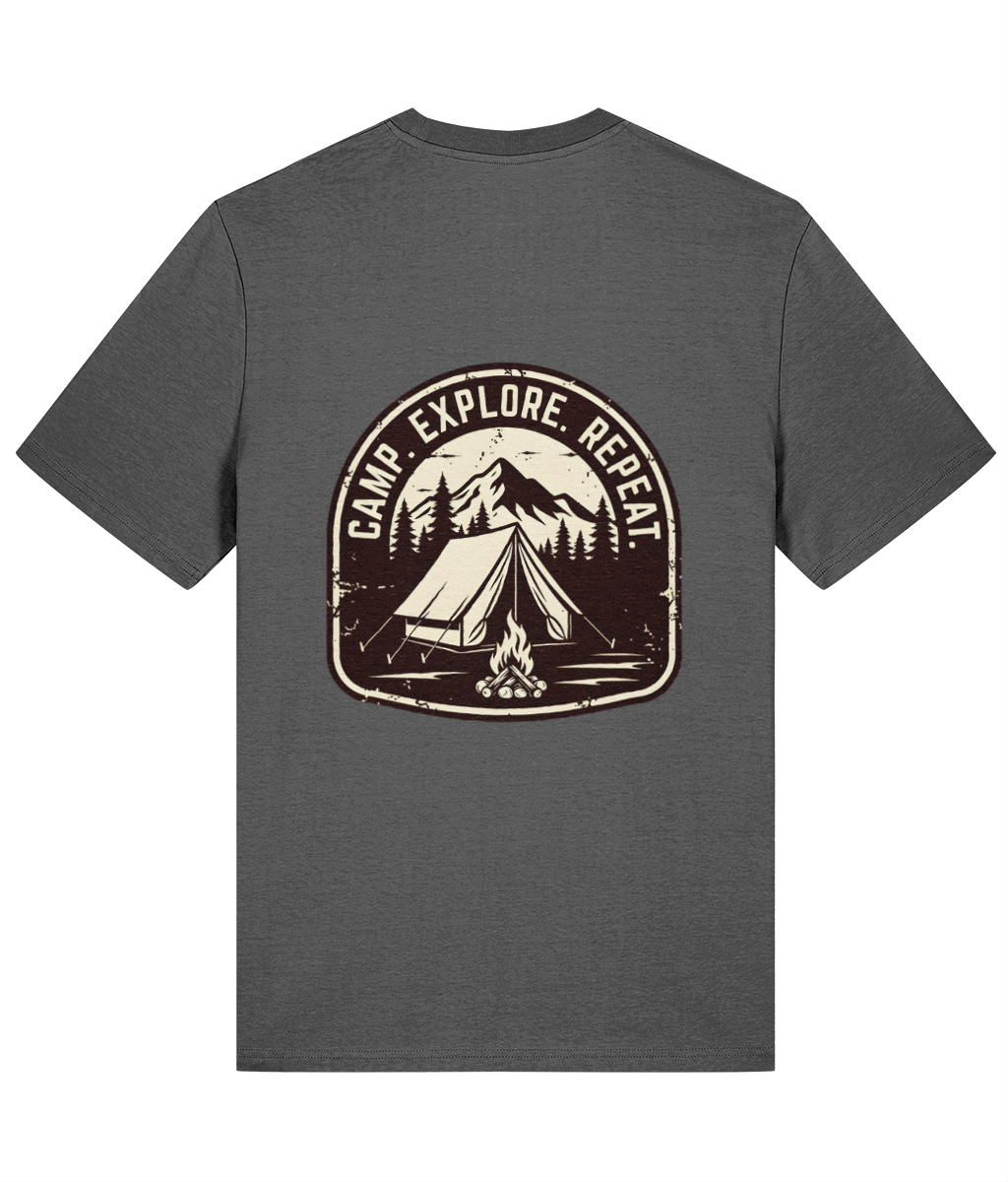 charcoal t-shirt with a black camping graphic and 'Camp Explore Repeat' text on a white background