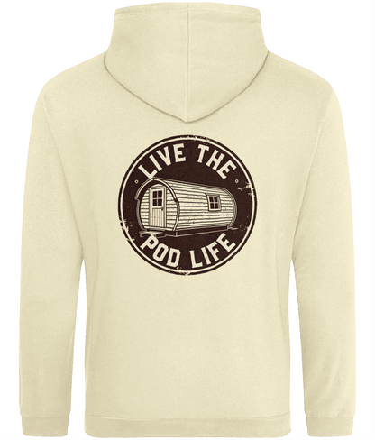 Beige hoodie with 'Live the Pod Life' graphic on the back