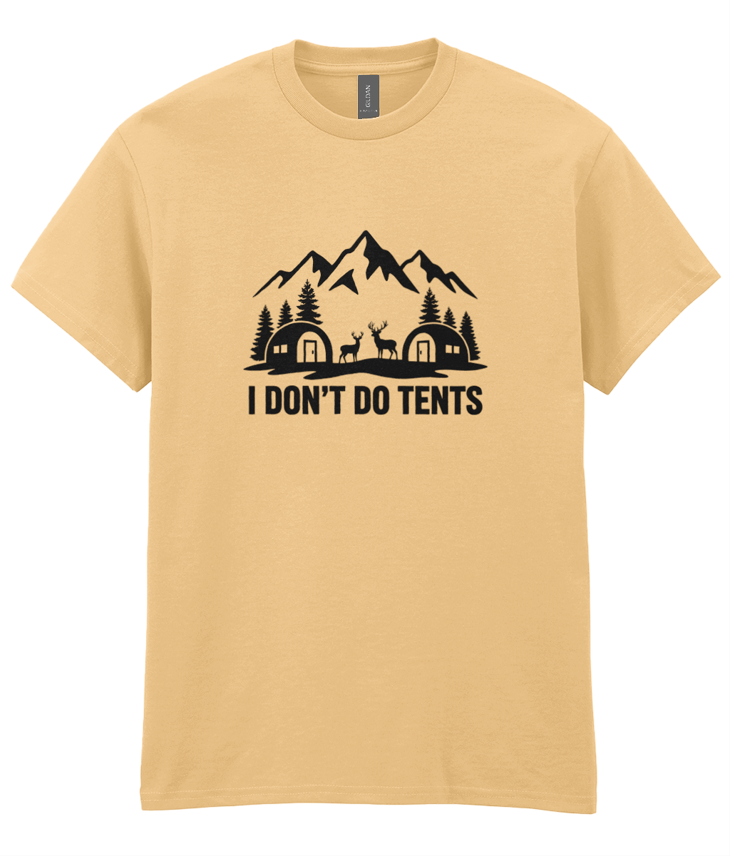 Beige t-shirt with black graphic and text 'I Don't Do Tents' on a white background