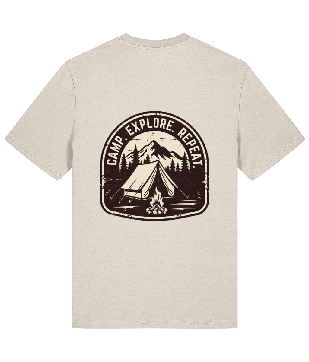 Beige t-shirt with a black camping graphic and 'Camp Explore Repeat' text on a white background